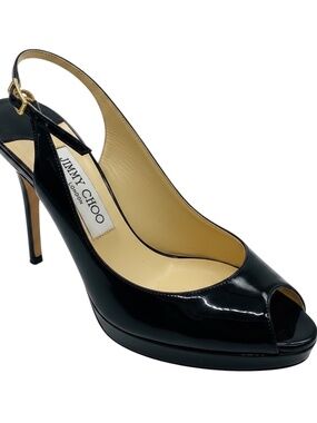 JIMMY CHOO BLACK PATENT LEATHER OPEN TOE SLINGBACK PUMPS